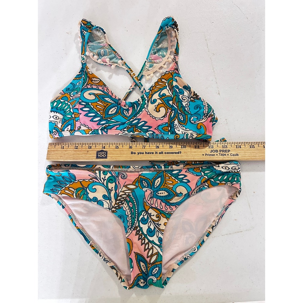 Teal Pink Paisley Bikini Set Two Piece Swimsuit Boho Tie Back SMALL - Picture 4 of 5